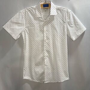Lucky Brand Men’s Short Sleeve Button-Up Shirt White Blue Print Slim Fit Size S